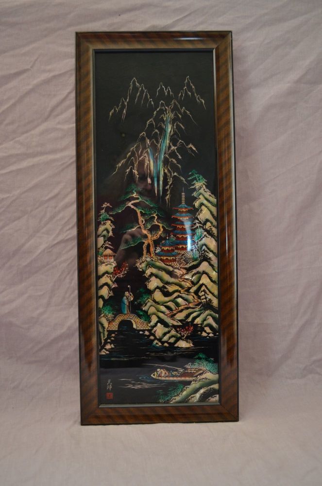 Chinese Reverse Painting on Glass Foil Backed Picture. Mountain, Pagoda, Trees.