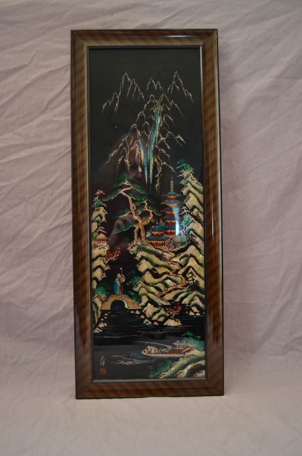 Chinese Reverse Painting on Glass Foil Backed Picture. Mountain, Pagoda, Tr