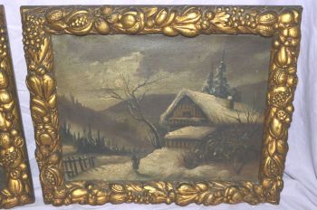 Pair of Moonlit Winter Countryside Scenes, Oil on Canvas. (2)