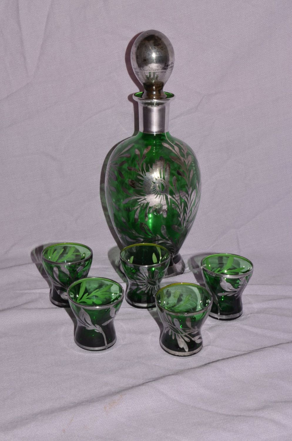 Venetian Murano Green Glass Decanter and Glasses.