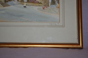 Della Riley Signed Water Colour Painting, Village Church and Inn, Mortehoe,