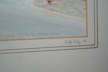 Della Riley Signed Water Colour Painting, Village Church and Inn, Mortehoe,