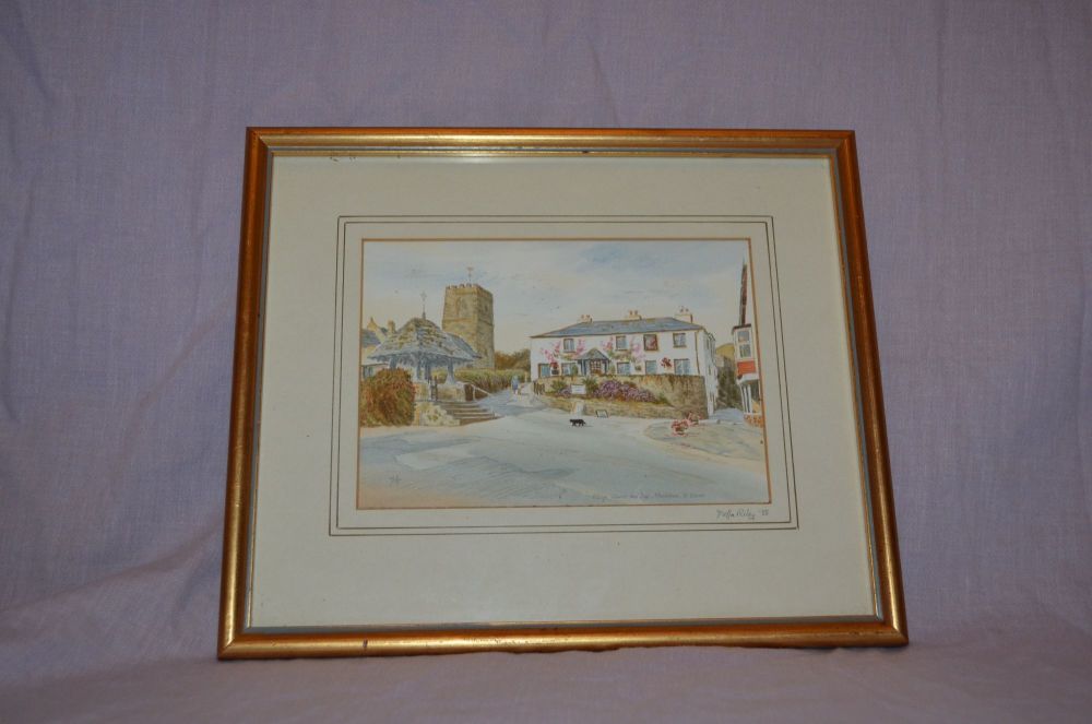Della Riley Signed Water Colour Painting, Village Church and Inn, Mortehoe, North Devon.