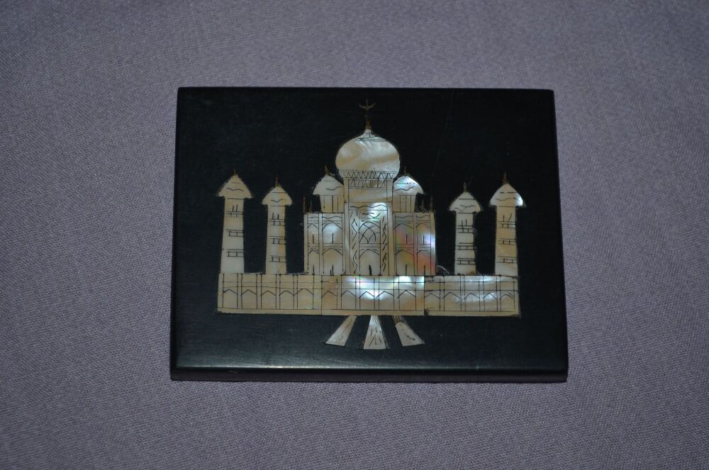 Pietra Dura Taj Mahal Plaque, Black Marble and Mother of Pearl.