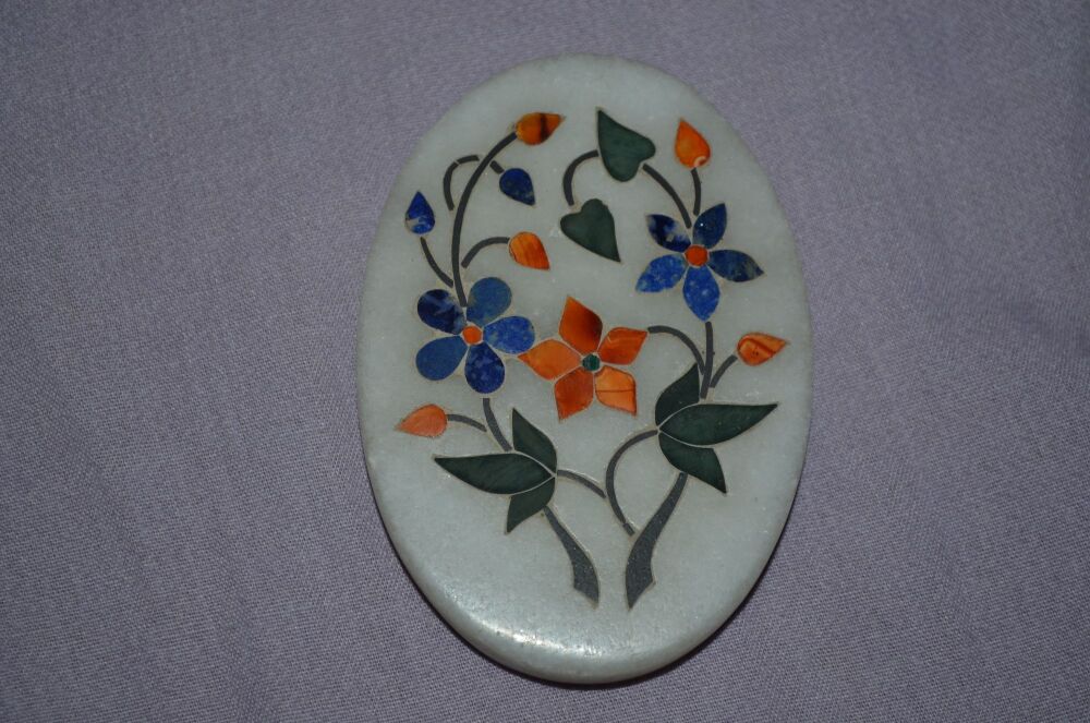 Pietra Dura Floral Plaque, White Marble and Coloured Stone.