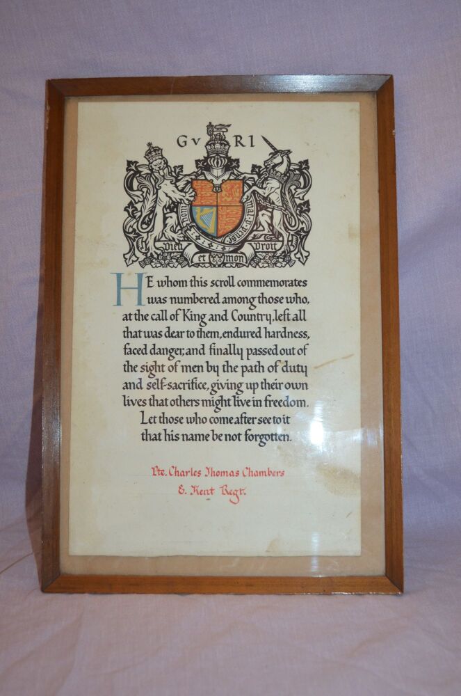 WW1 Original Memorial Scroll, East Kent Regiment