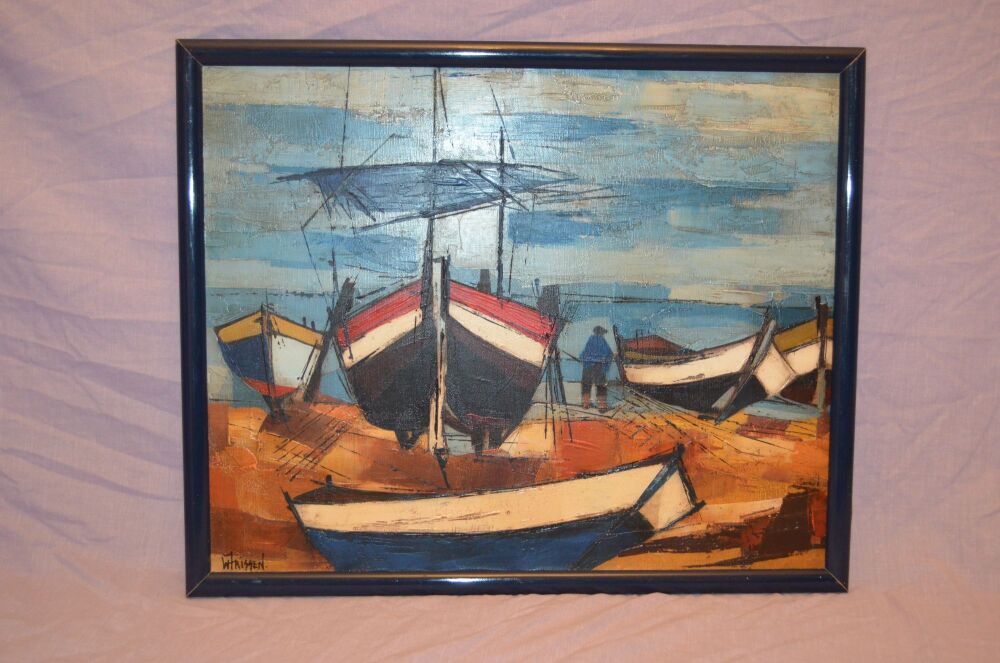 Willy Frissen Original Oil on Canvas Fishing Boats