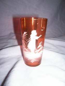 Stunning Etched & Painted Victorian Cranberry Glass Beaker