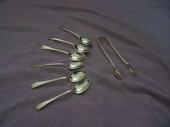 Silver plated Tea Spoons x 6 & Sugar Tongs. H B & H 