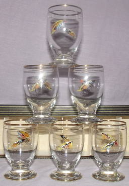 Set of 6 Flyfishing Glasses Decorated with Fishing Flies boxed