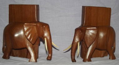A Pair of Carved Wooden Elephant Bookends (2)