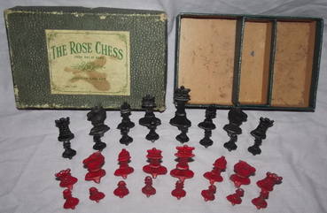 The Rose Chess Vintage Boxed Lead Chess Set Complete (2)