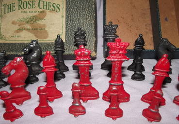 The Rose Chess Vintage Boxed Lead Chess Set Complete (3)