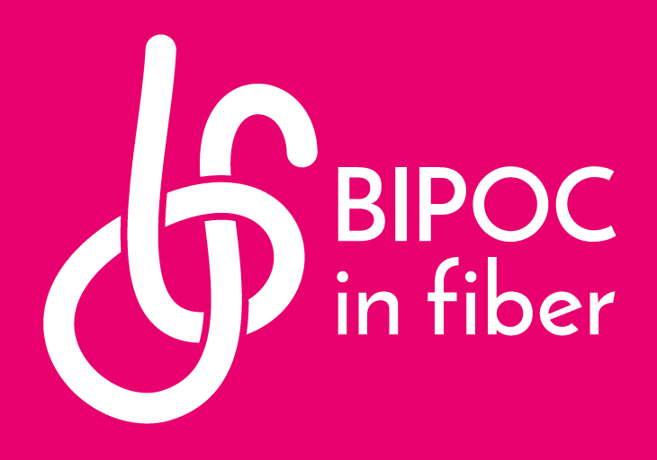 Close up of white letters spelling BIPOC in Fiber on bright pink background with  interlocking white motif on left side
