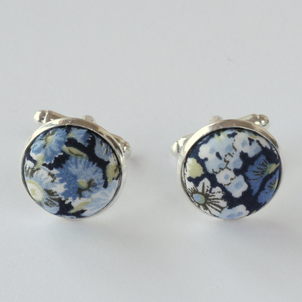 Liberty tana lawn silver plated cufflinks - Chive blue