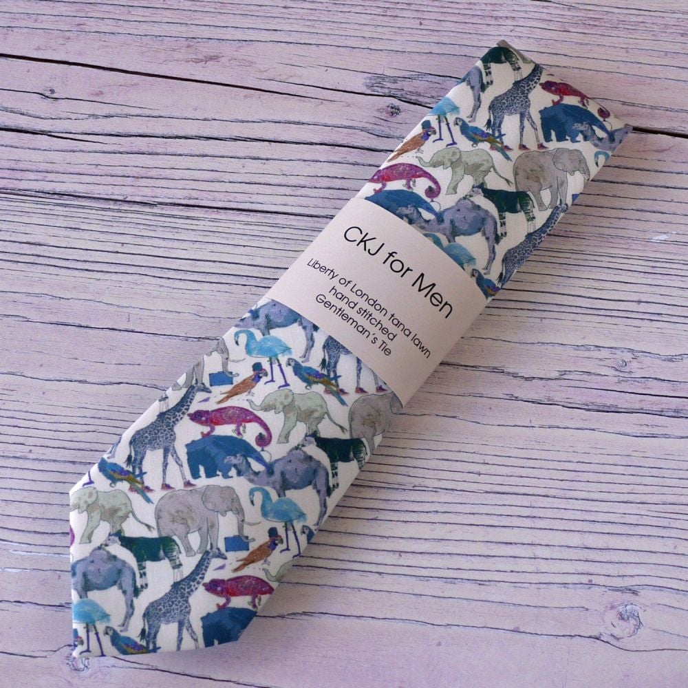 Fun Zoo animals Liberty print tie - Queue for the Zoo blue