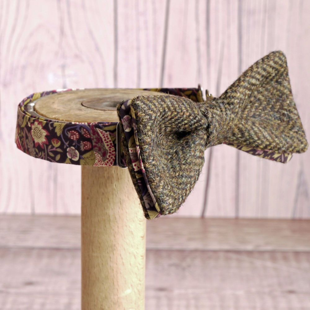 Brown tweed and Liberty print Strawberry Thief bow tie