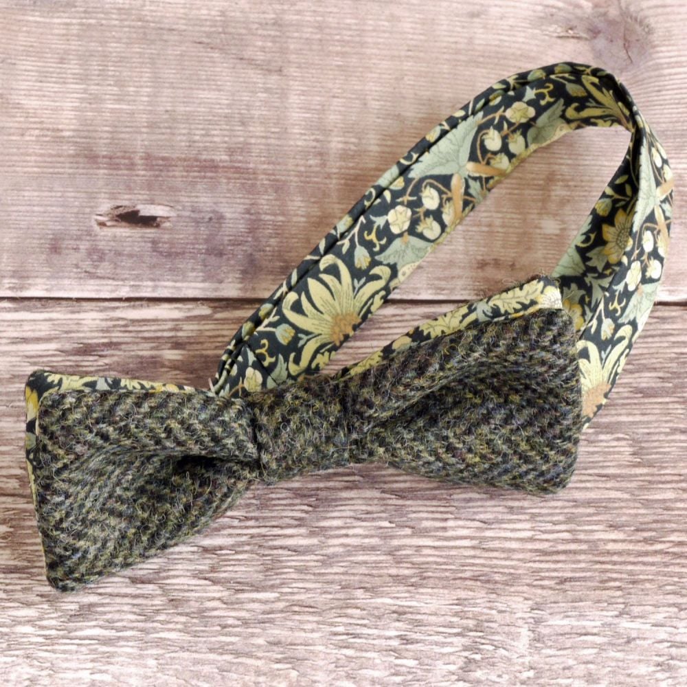 Green tweed and Liberty print Strawberry Thief bow tie