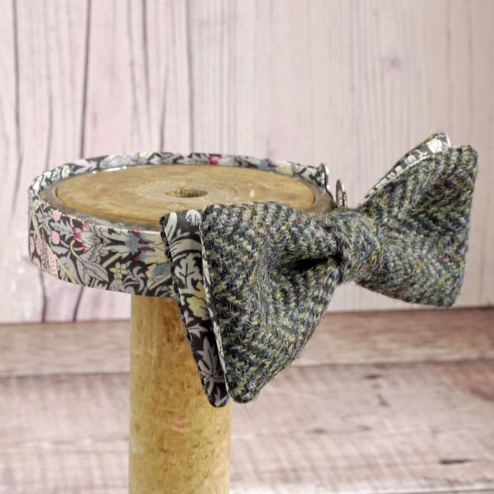 Green tweed and Liberty print Strawberry Thief bow tie