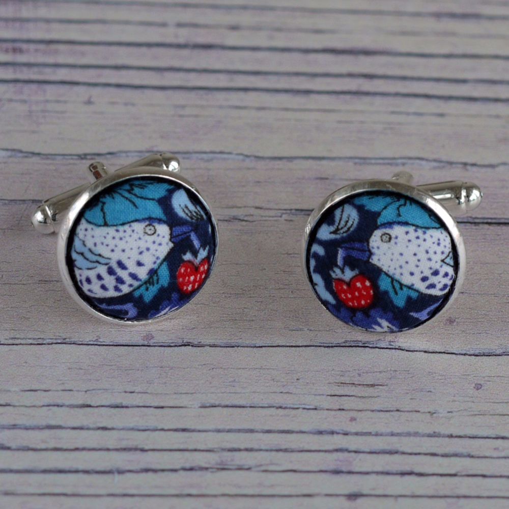 Liberty Strawberry Thief navy silver plated cuff links