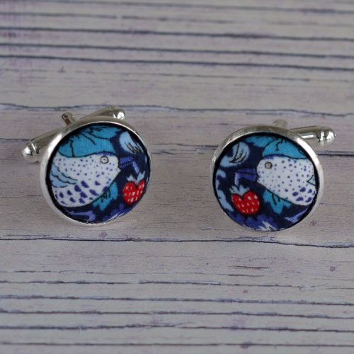 Liberty Strawberry Thief navy silver plated cuff links