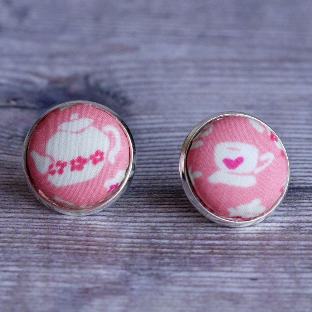 Quirky Liberty print button earrings - Suzy Elizabeth pink teacup and teapo