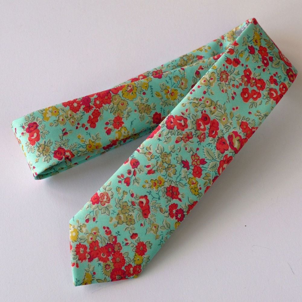 Gentleman's hand-stitched floral Liberty print tie - Tatum aqua