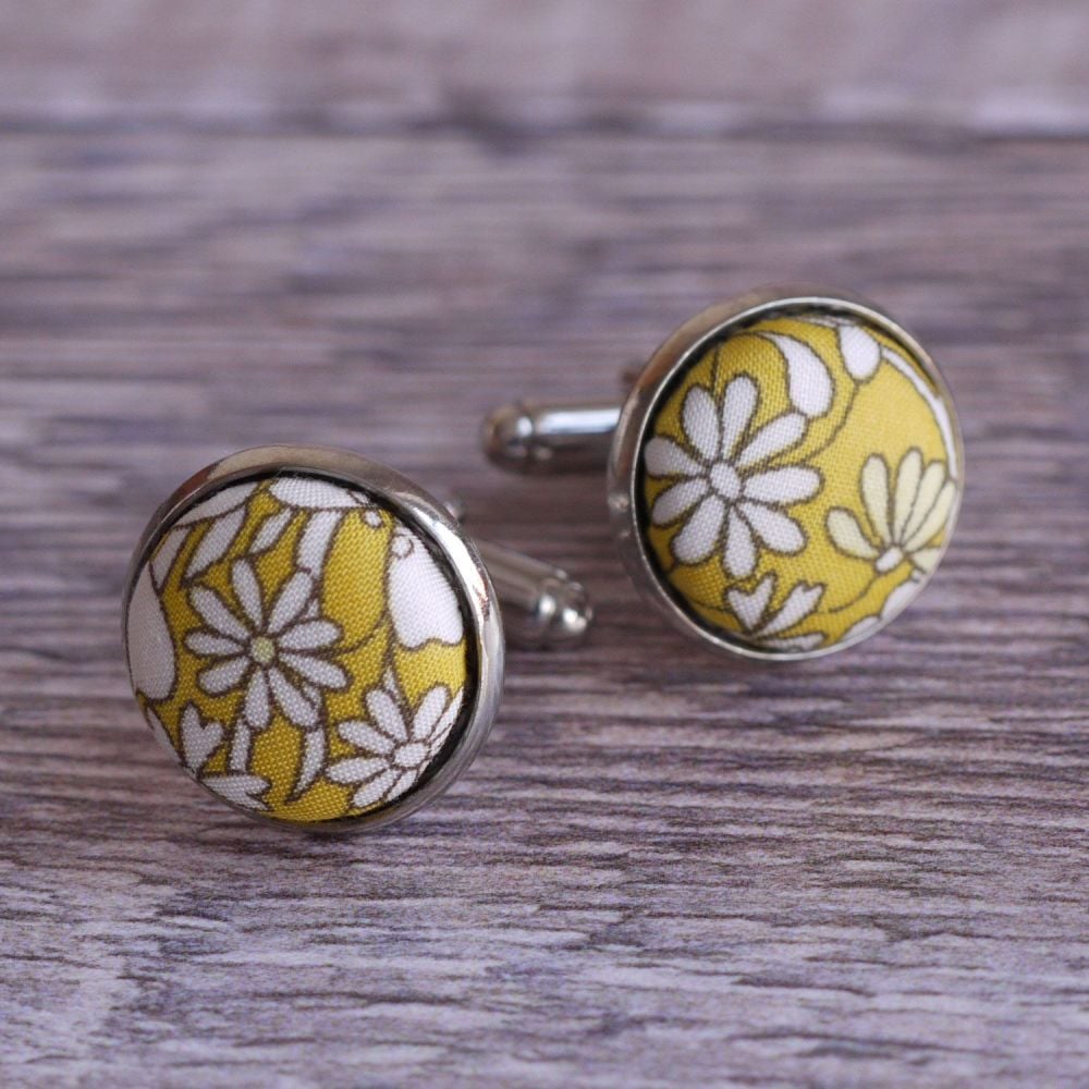 Floral Liberty print cufflinks - June's Meadow yellow