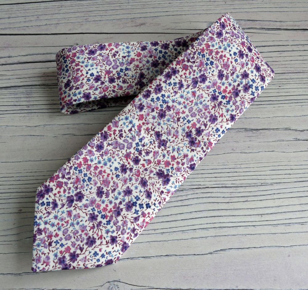 Floral Liberty print tie with matching pocket square - Phoebe purple