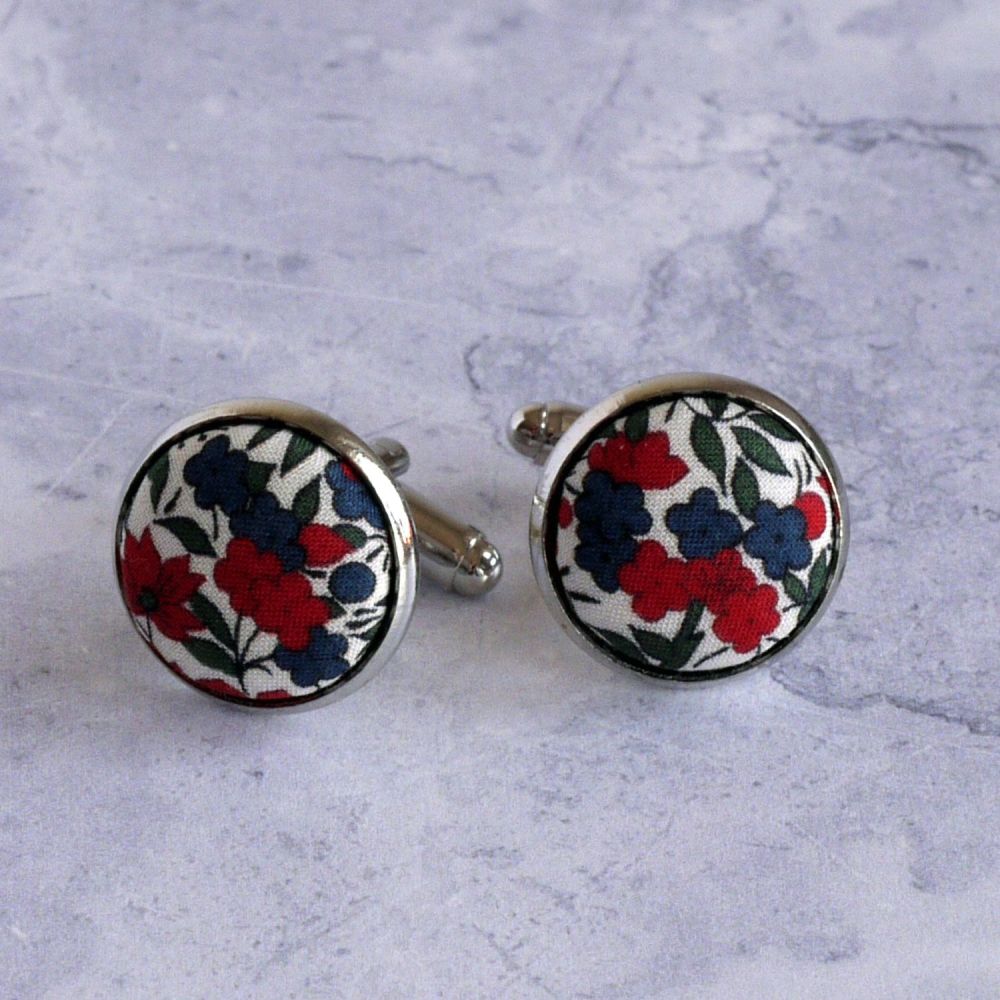 Red floral Liberty tana lawn silver plated cufflinks - Rosalind