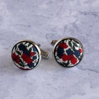 Red floral Liberty tana lawn silver plated cufflinks - Rosalind