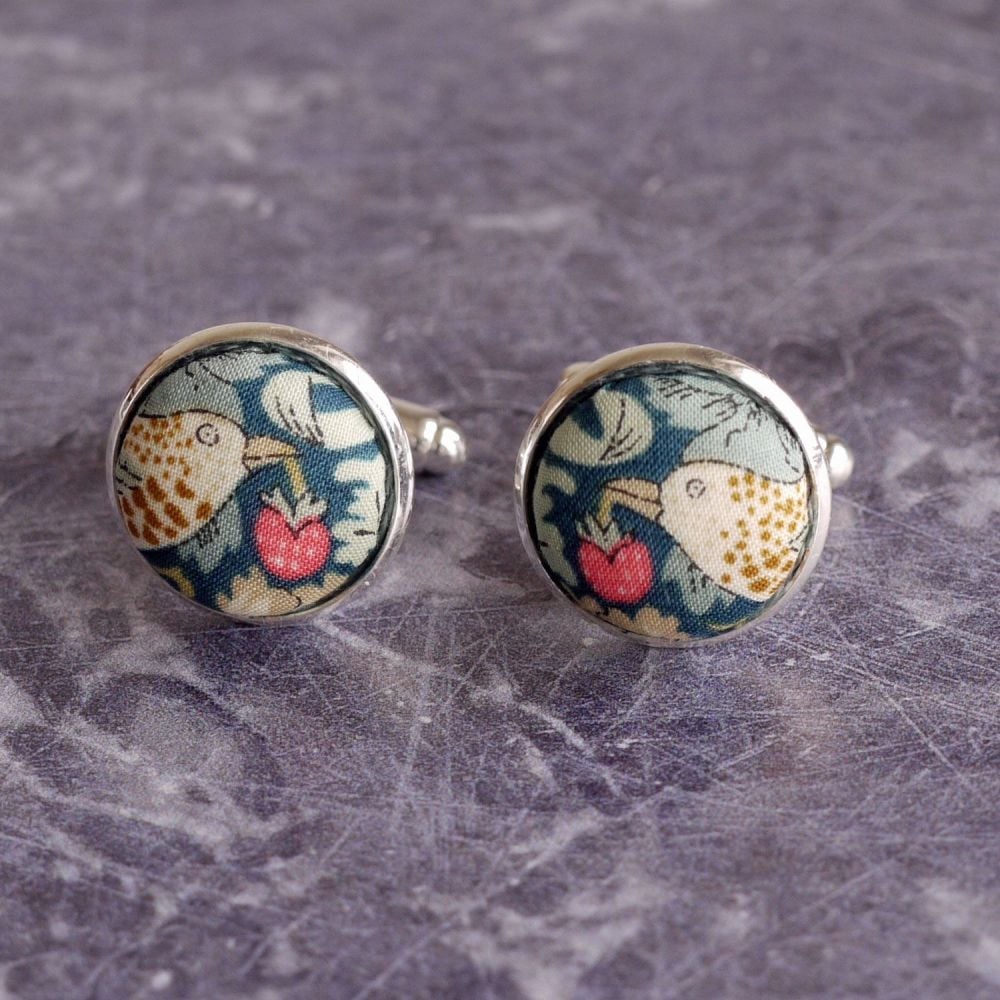 Liberty Strawberry Thief green silver plated cuff links