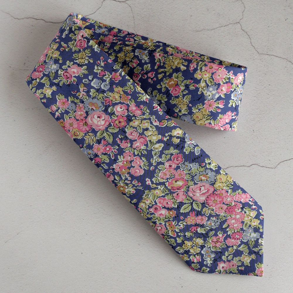 Gentleman's hand-stitched floral pink and blue tie - Tatum
