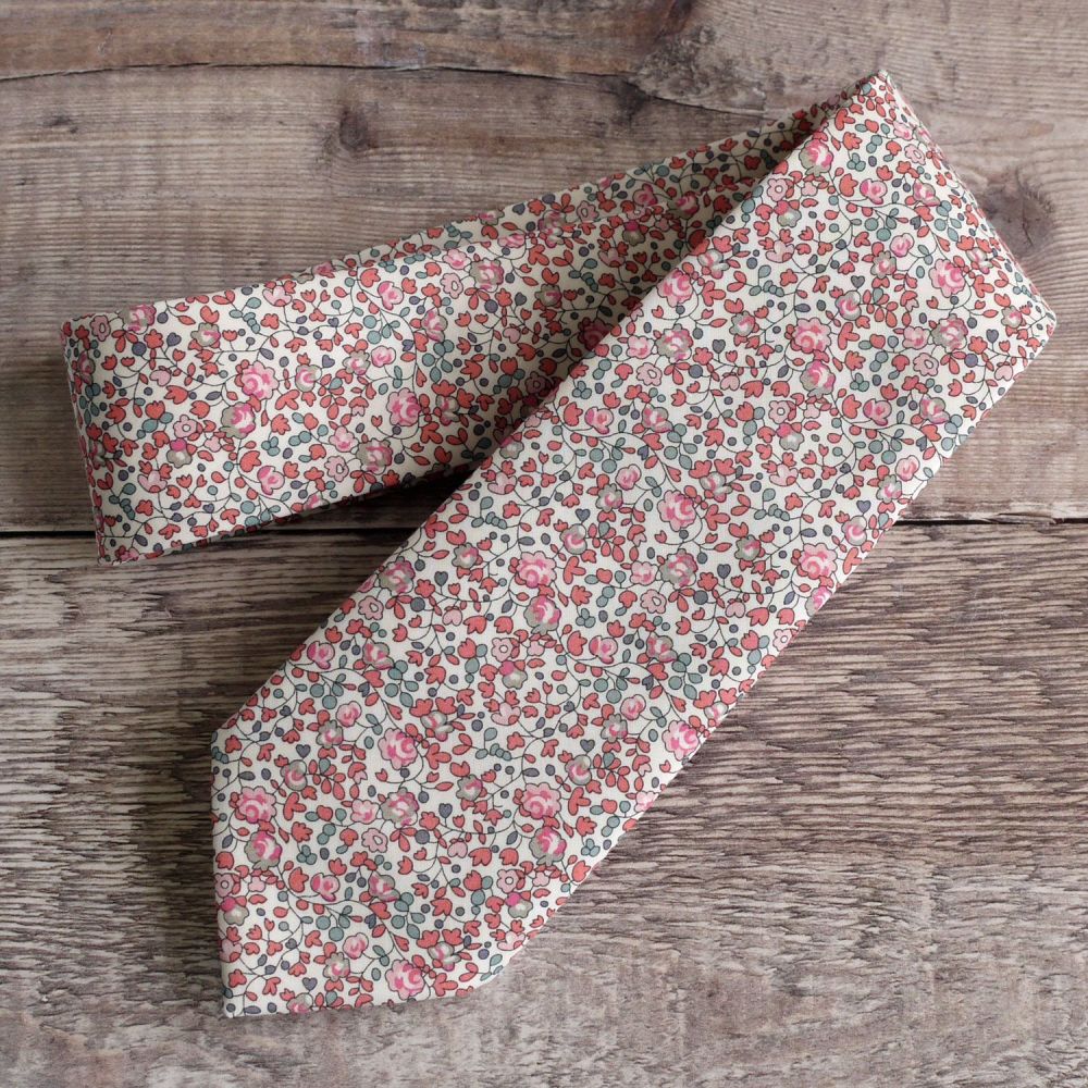 Peach pink floral Liberty tana lawn tie - Eloise