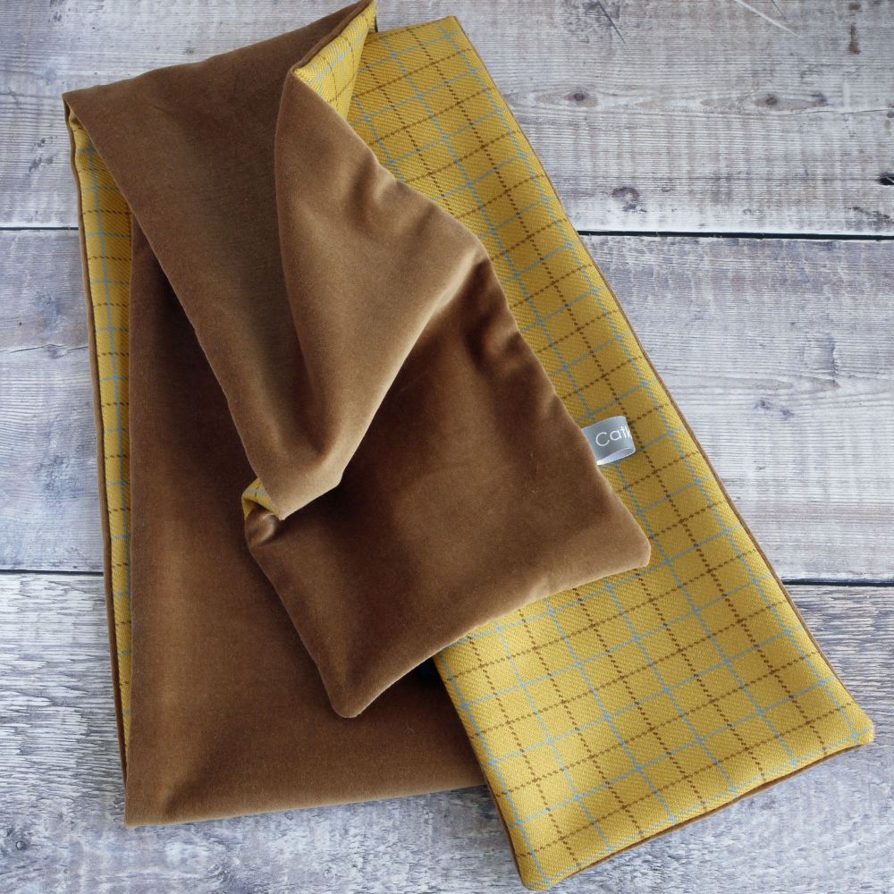Yellow check wool and tan velvet scarf