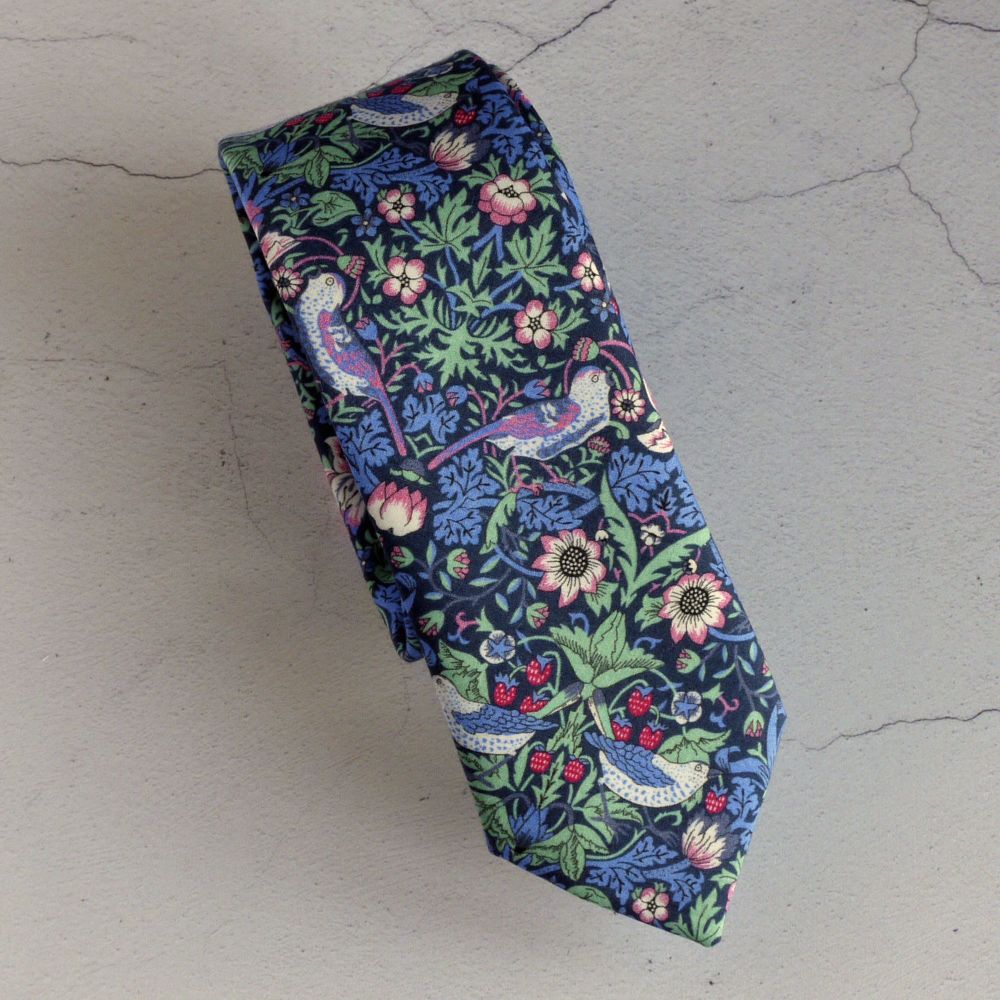 Gentleman's hand stitched tie - Strawberry Thief green and pink