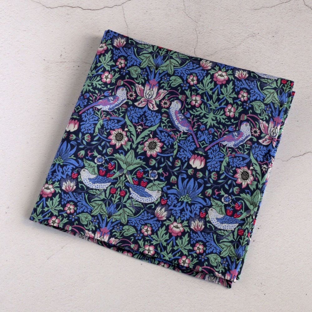 Strawberry Thief green and pink pocket square