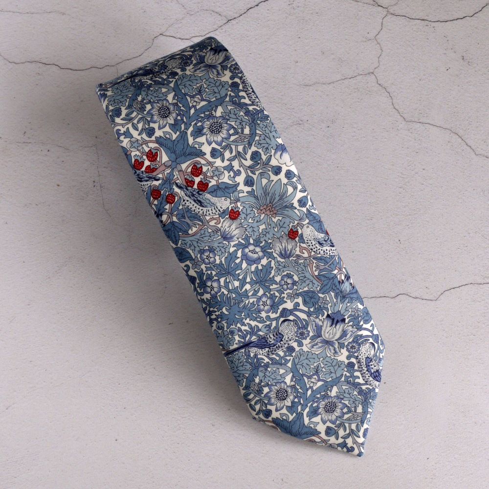 Handstitched blue Liberty print tie - Strawberry Thief Spring