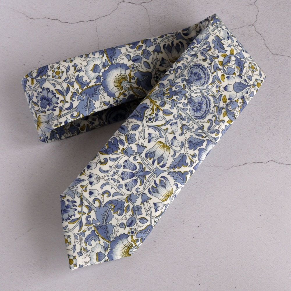 Handstitched blue Liberty print tie - Lodden blue and gold