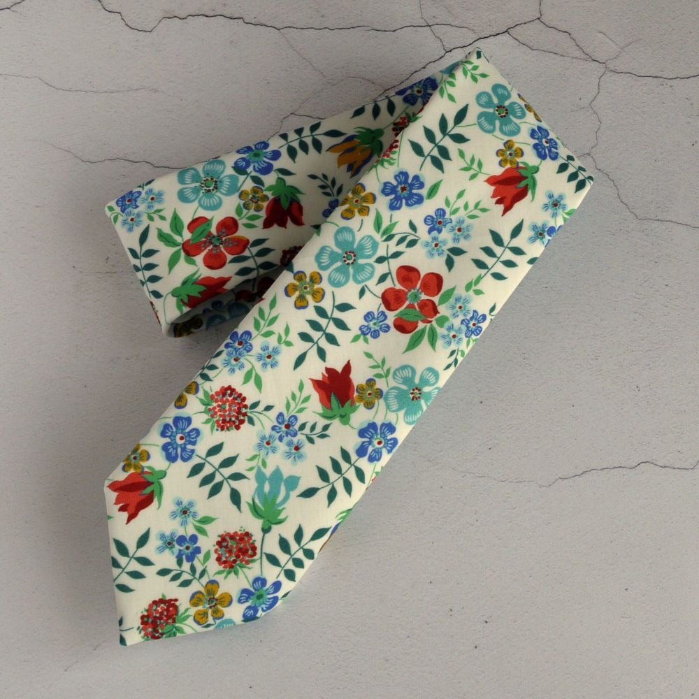 Hand stitched Liberty print tie - Edenham red and blue