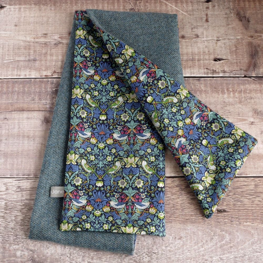 Soft blue tweed and Strawberry Thief scarf