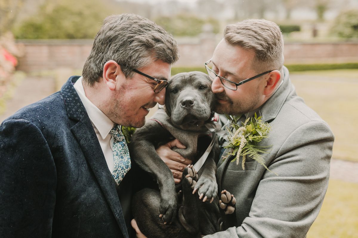 Two grooms same sex wedding with dog