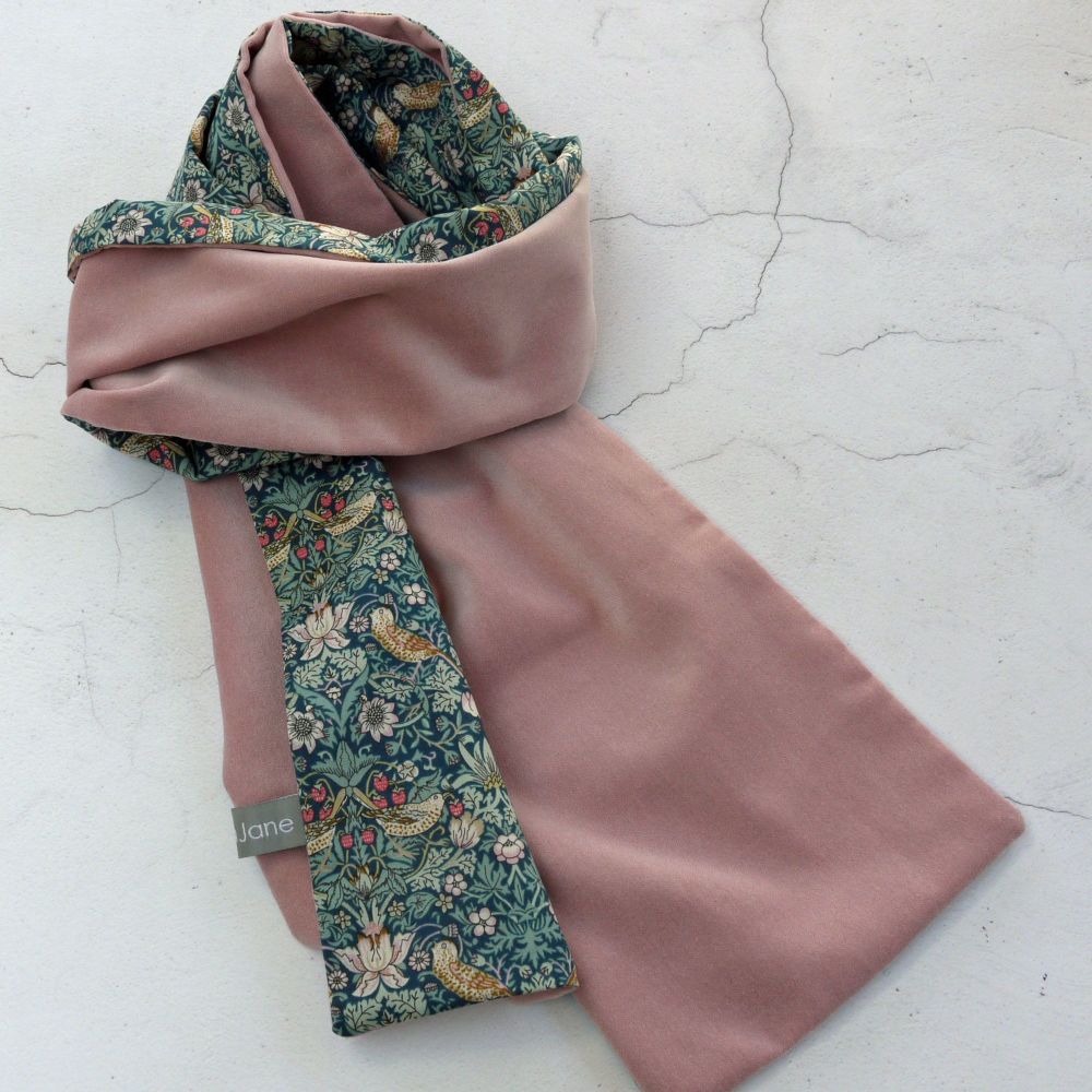 Dusty pink velvet and green Strawberry Thief scarf