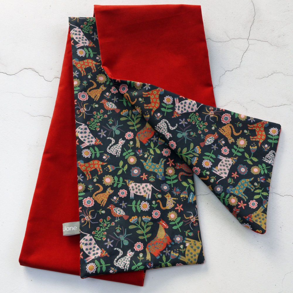 Red orange velveteen and Liberty Folk Tails scarf