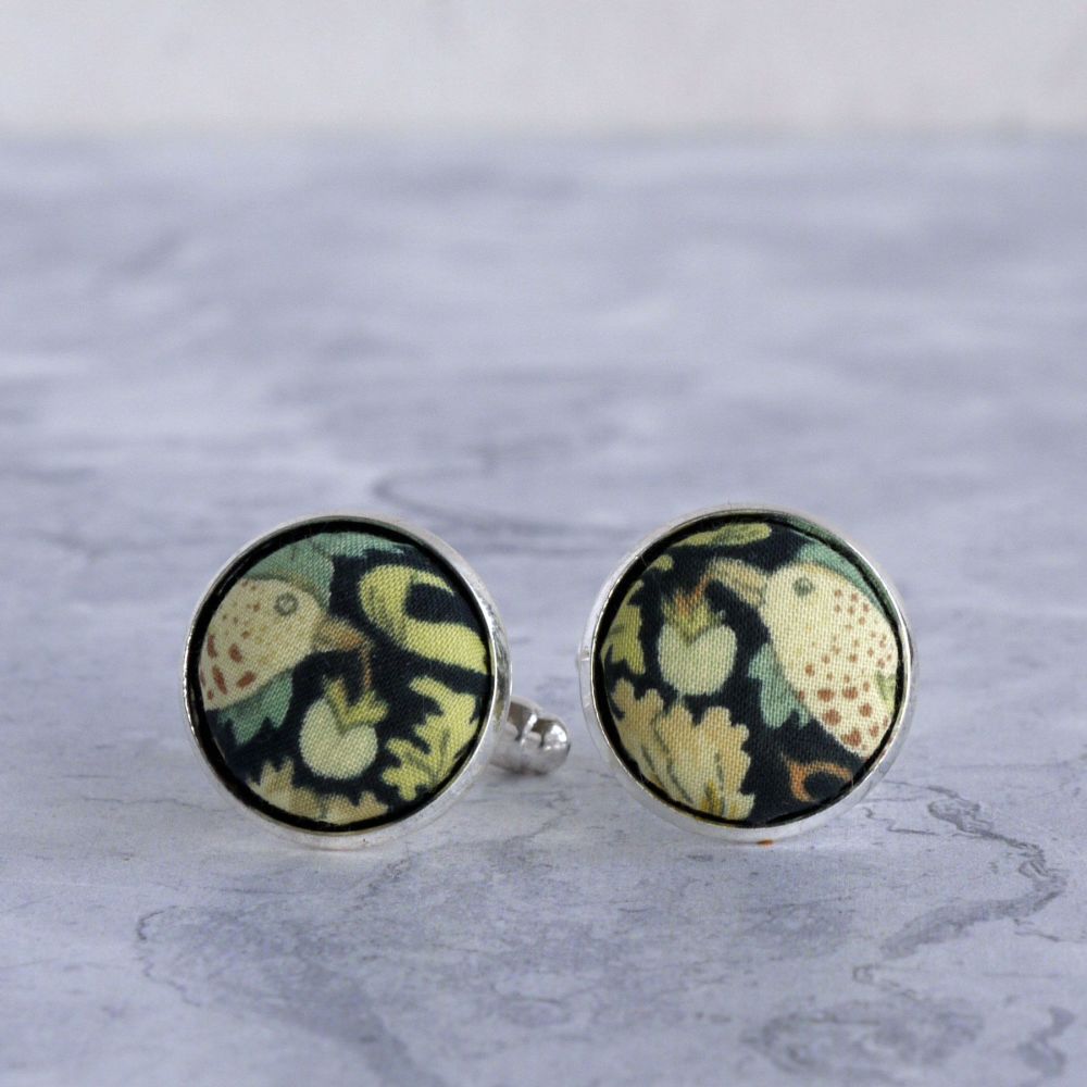 Liberty Strawberry Thief light green silver plated cuff links