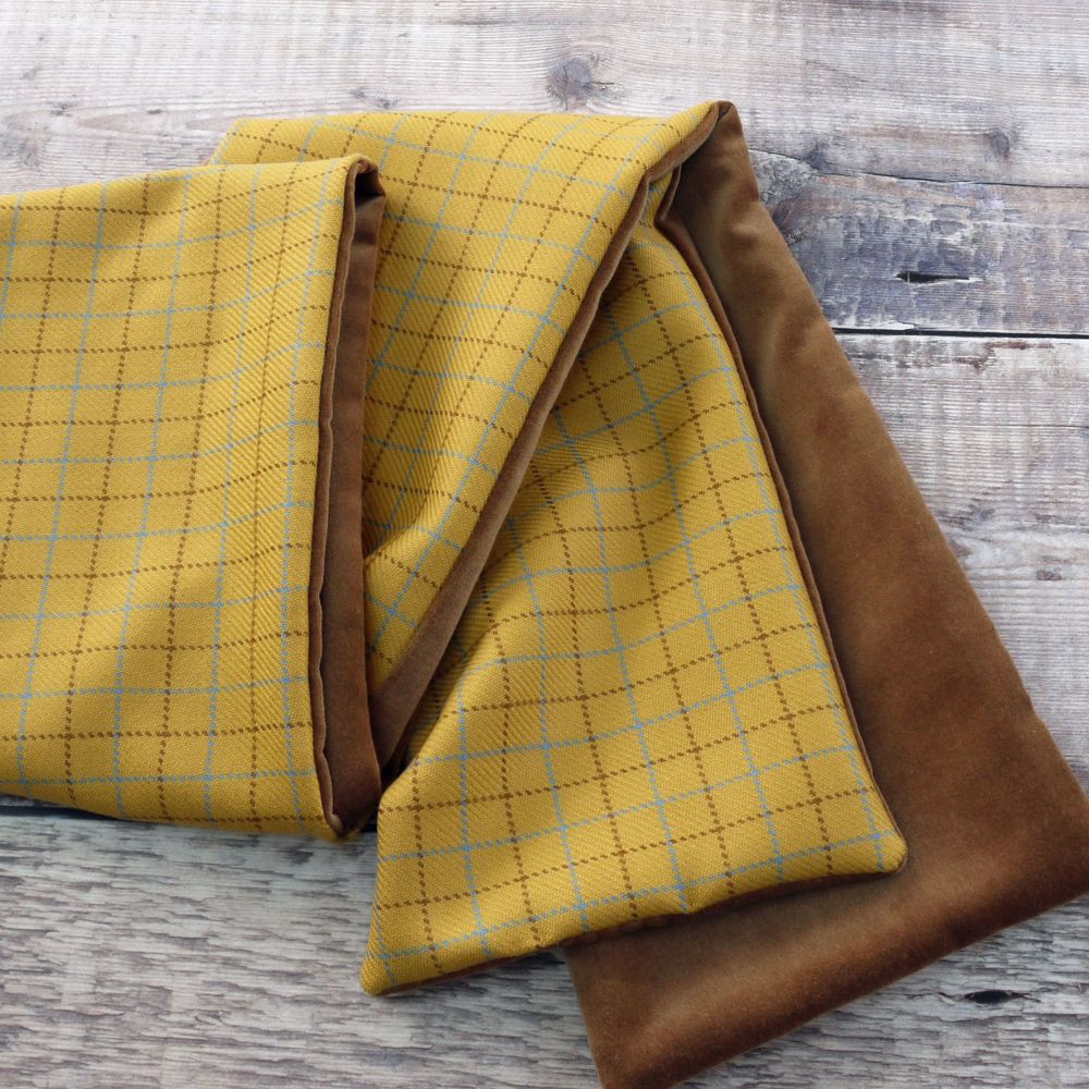 Yellow check wool and tan velvet scarf