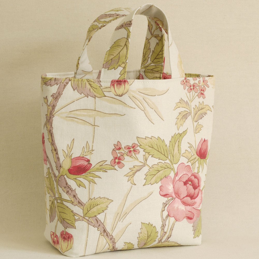 Silk lined floral linen small tote bag