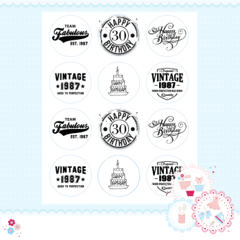 Edible Cupcake Toppers x 15 - 30th Birthday Cupcake Toppers, black and white