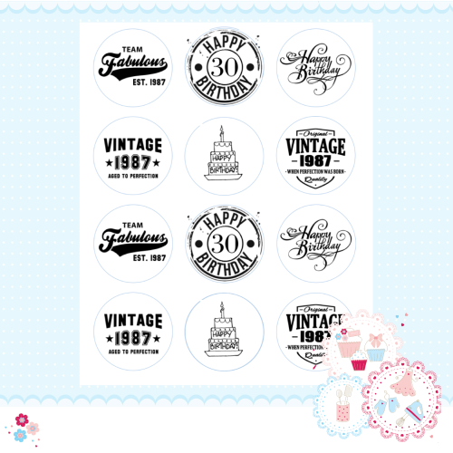 Edible Cupcake Toppers x 12 - 30th Birthday Cupcake Toppers, black and whit