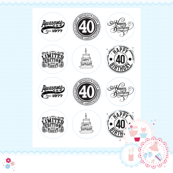 Edible Cupcake Toppers x 12 - 40th Birthday Cupcake Toppers, black and white